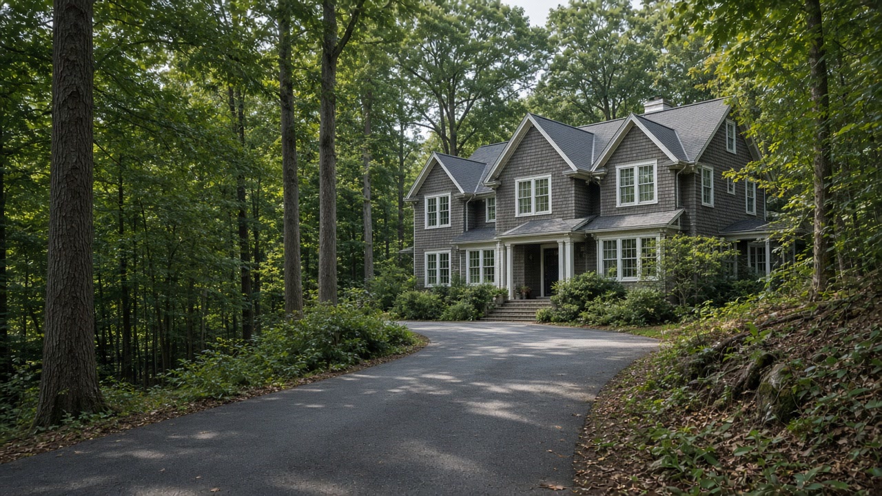 North Shore shingle colonial on a wooded hillside with a climbing driveway