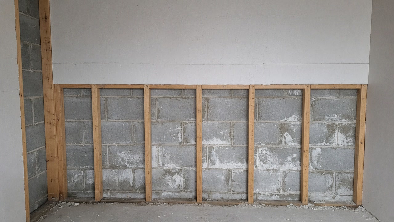 Basement drywall removed at the base exposing studs, block foundation, and faint efflorescence
