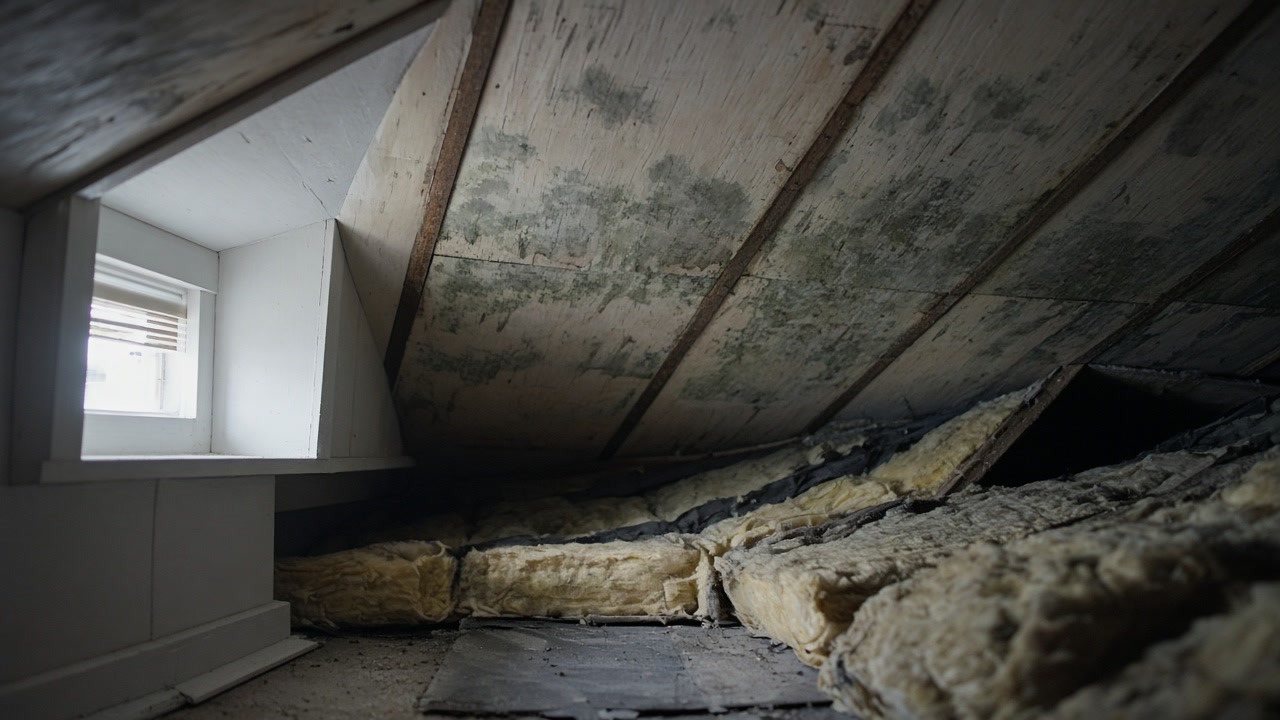 Cape Cod knee-wall attic space with insulation and faint gray-green roof-deck discoloration