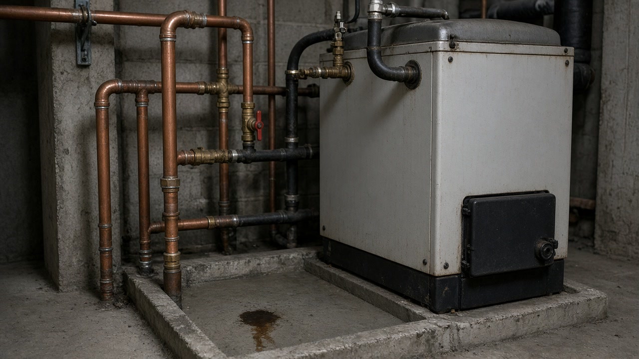Basement boiler with copper lines and a small drip stain from a slow leak
