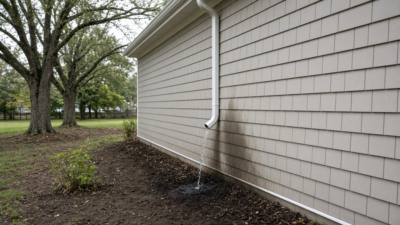 Ranch foundation with downspout discharging beside the wall and a damp siding patch