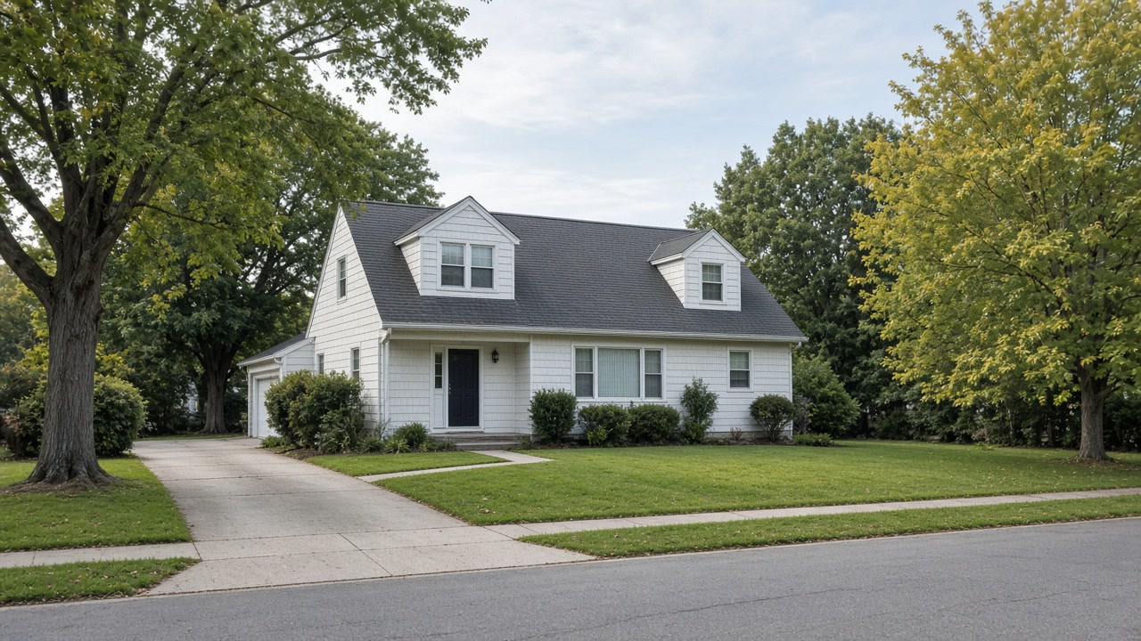 1950s Long Island Cape Cod with dormers, lawn, and concrete driveway on a quiet tree-lined street