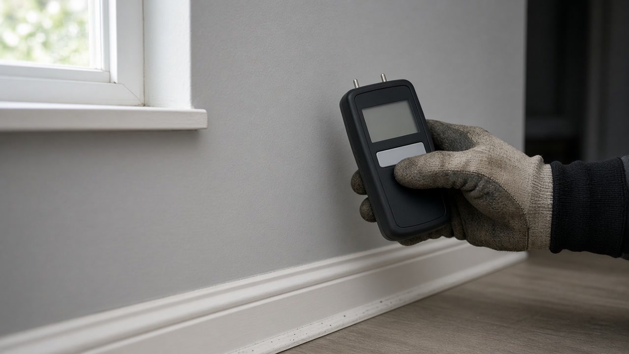 Gloved hand pressing a pin-type moisture meter against painted drywall above a baseboard