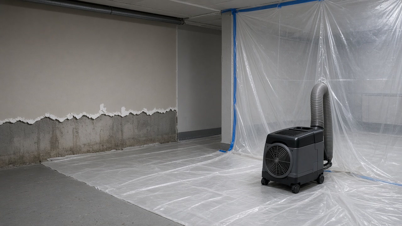 Basement containment sheeting with a negative-air machine and clean lower drywall cut