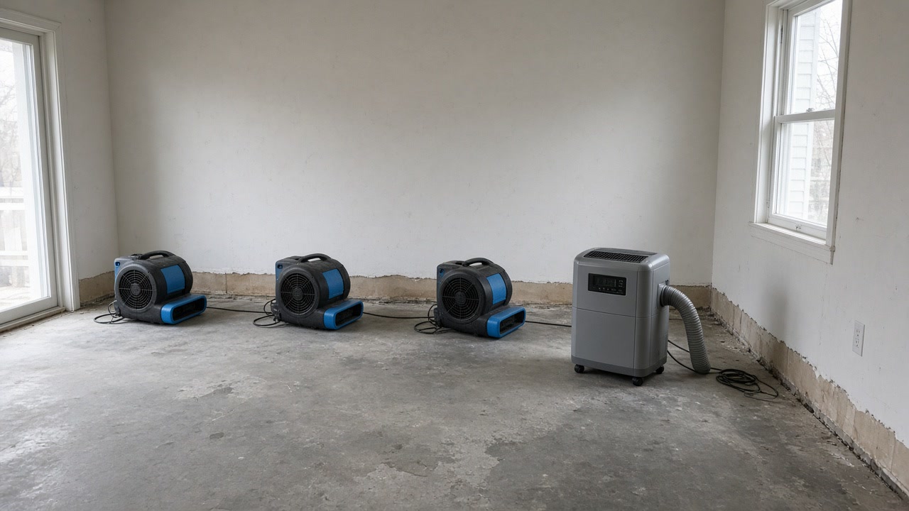 Air movers and dehumidifier on bare concrete after flooring and baseboard removal